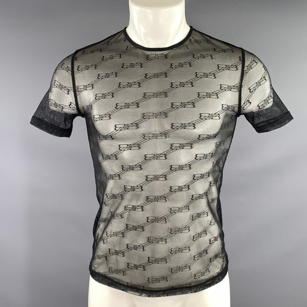 BALENCIAGA SS2022 M Black Monogram Sheer Short Sleeve Shirt